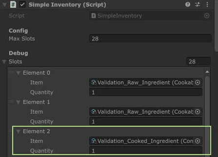 Isolated development-code Play Mode: actual cooking leaves two raw ingredients and one cooked ingredient.