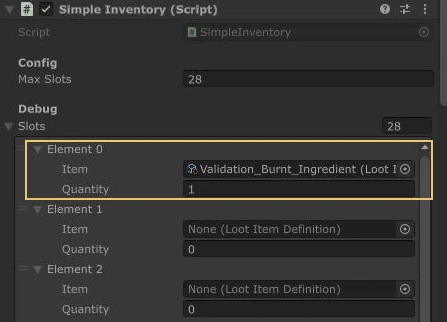 Isolated development-code Play Mode: one raw test ingredient is replaced with one burnt ingredient.