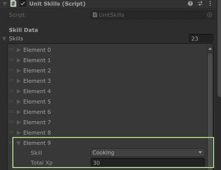 Isolated development-code Play Mode: UnitSkills Cooking Total XP is 30 after successful test cooking.
