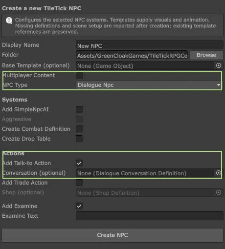 Actual Create NPC wizard showing templates, network content, combat, drops, dialogue and shop options.