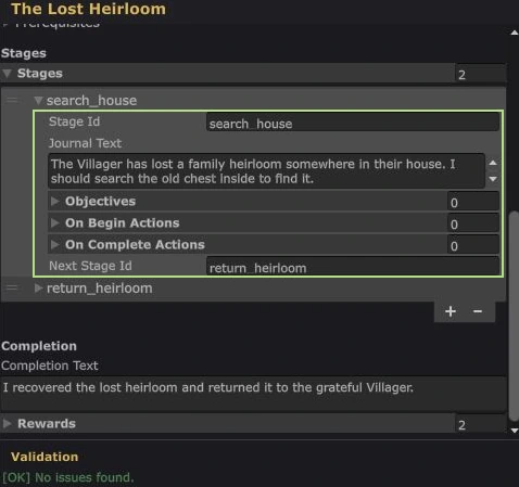 Actual quest stage with its stable Stage ID, journal text, objective and action lists, and Next Stage ID.