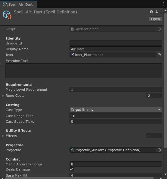 Actual Air Dart Spell Definition Inspector showing requirements, cast type, range, tick speed, projectile and damage fields.