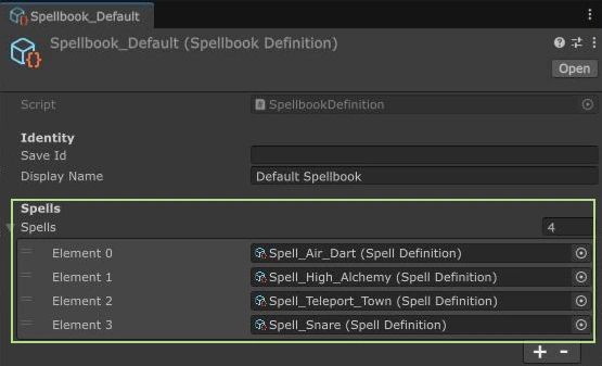 Actual Spellbook Definition with its display name, Save ID field and four existing spell references.