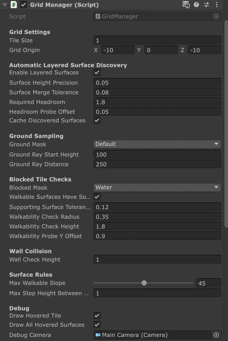 MinimalDemoScene GridManager with ground sampling, water blocking, 45-degree slope limit and step height.