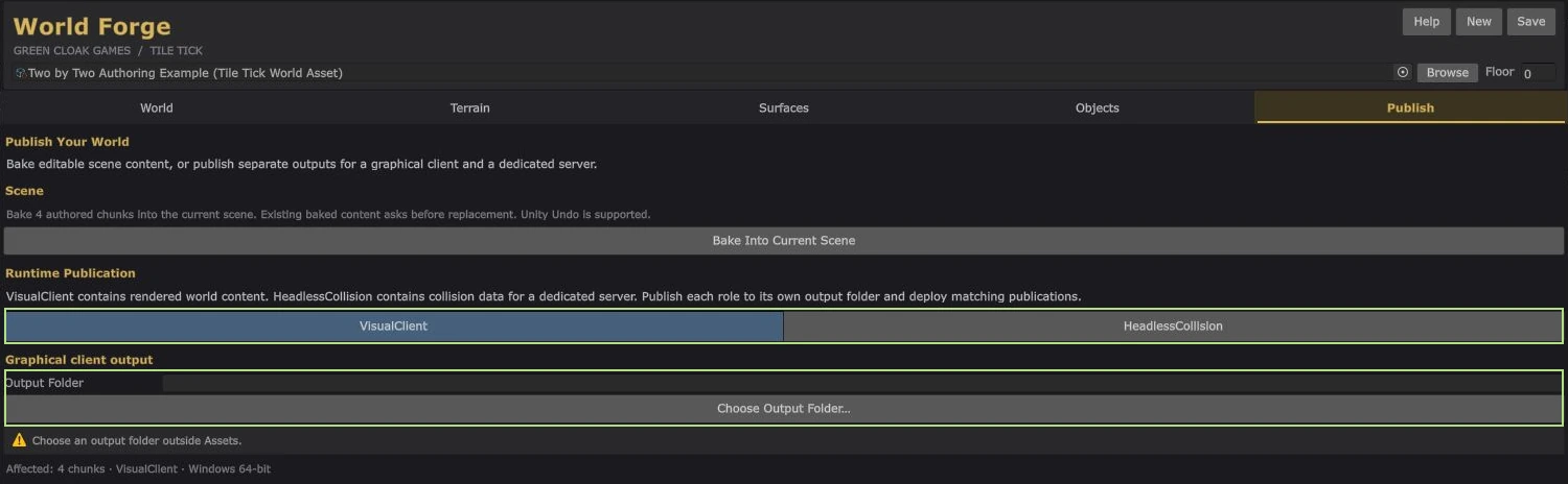 Native World Forge pre-publication settings showing separate VisualClient and HeadlessCollision roles; output folder has not yet been chosen.