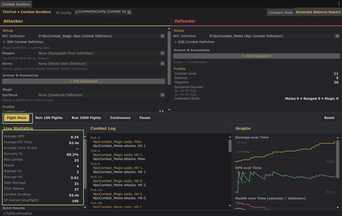 Actual Combat Sandbox after one local Fight Once simulation, with tick log and generated charts; illustrative balance output.