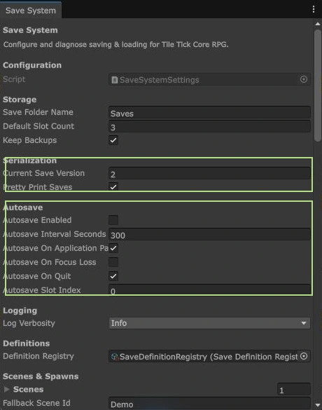 Actual Save System window showing this project asset with backups enabled, autosave disabled and its definition registry.